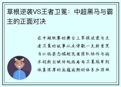 草根逆袭VS王者卫冕：中超黑马与霸主的正面对决